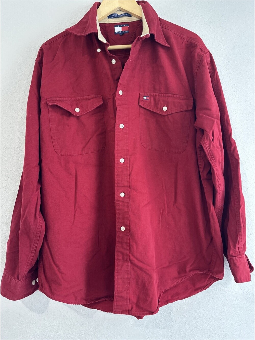 Vintage 1990s Tommy Hilfiger Men's Red Button-down Work Shirt Men’s Size Large